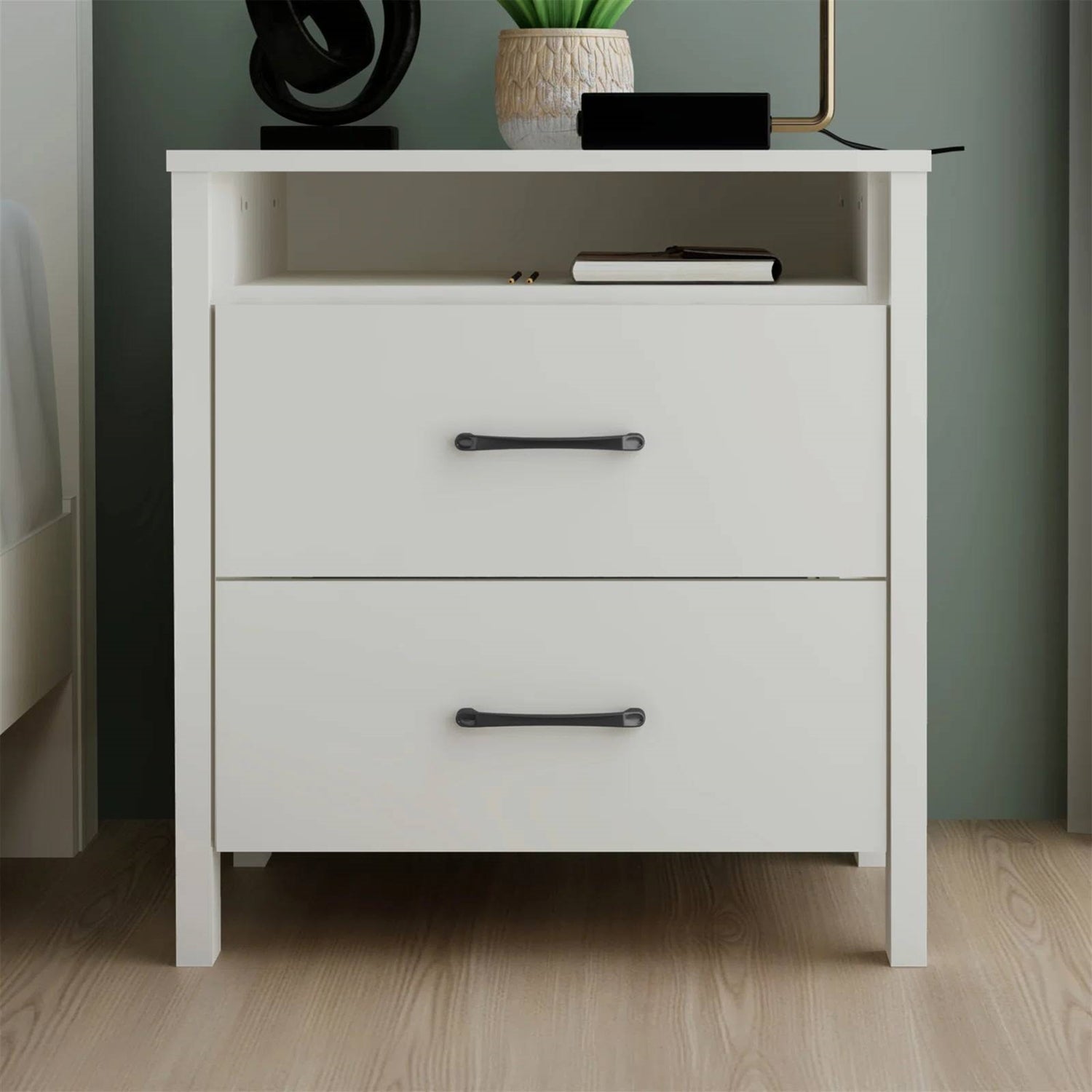 Modern 2-Drawer Nightstand with Open Shelf in Ivory Wood Finish-4