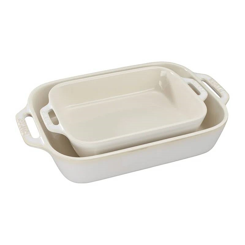 2 Piece Ceramic Stoneware Baking Dish Set in Ivory Cream Beige-0