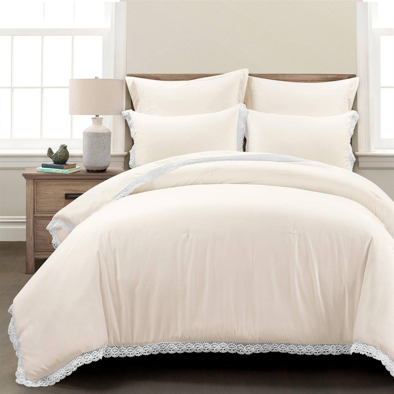 Full/Queen French Country Ivory 5-Piece Lightweight Comforter Set w/ Lace Trim - PRHOMZ