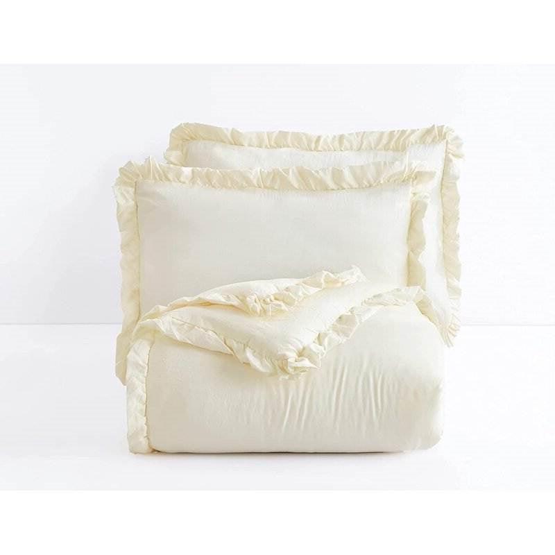 Full Size Ivory Microfiber 3-Piece Comforter Set with Ruffled Edge Trim - PRHOMZ