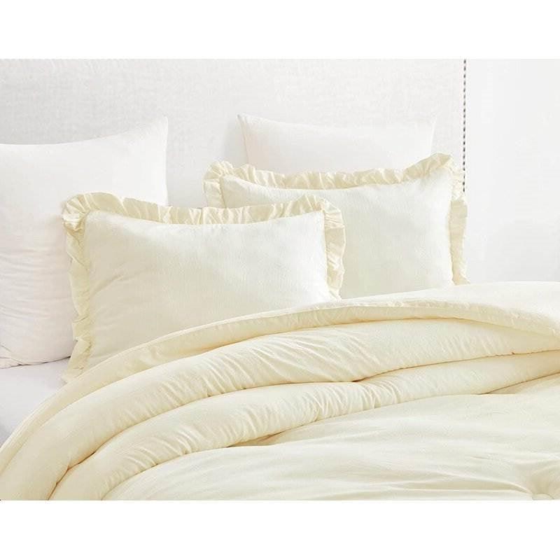 Oversized King Ivory Microfiber 3-Piece Comforter Set with Ruffled Edge Trim - PRHOMZ
