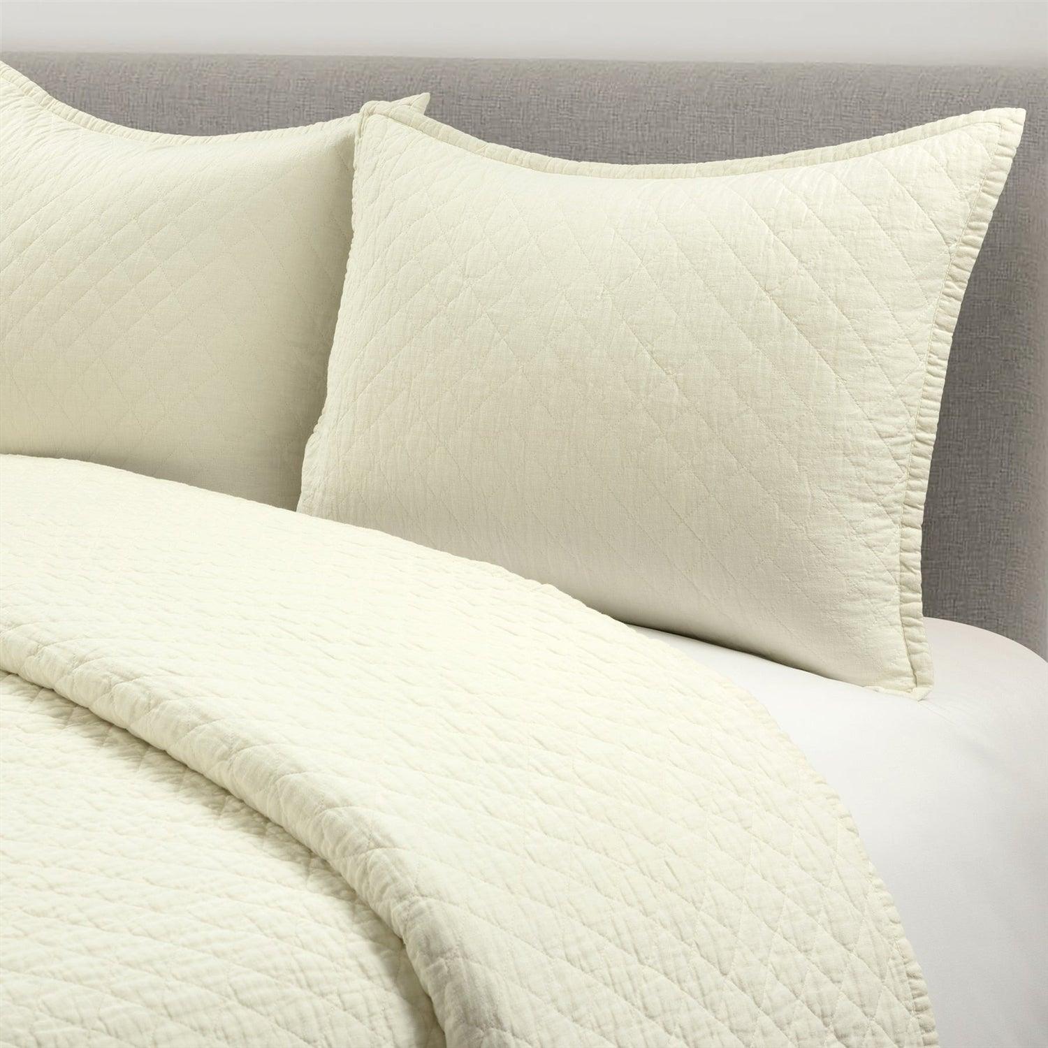 Full/Queen Lightweight Cotton Linen Ivory Textured Reversible 3-Piece Quilt Set - PRHOMZ