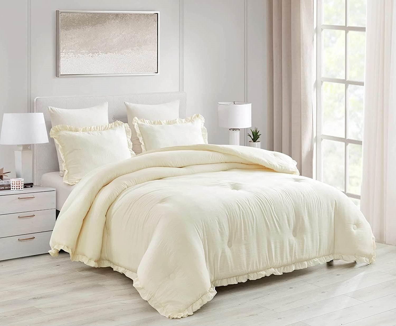 Oversized Queen Ivory Microfiber 3-Piece Comforter Set with Ruffled Edge Trim - PRHOMZ