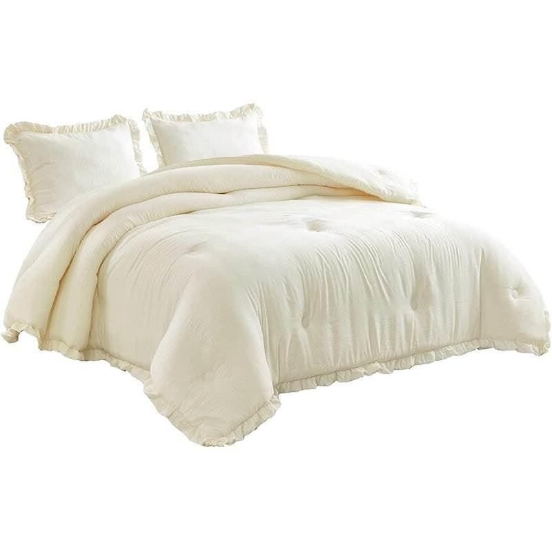 Oversized Queen Ivory Microfiber 3-Piece Comforter Set with Ruffled Edge Trim - PRHOMZ