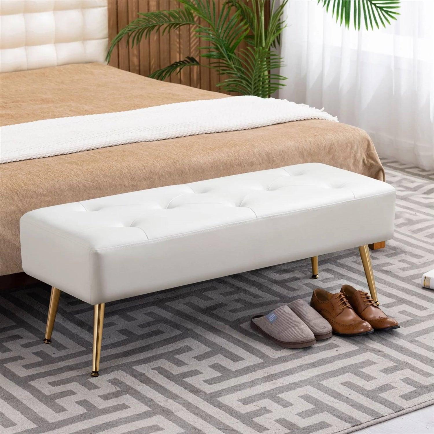 Modern Bed Bench Ottoman with White Ivory PU Leather Seat and Gold Metal Legs - PRHOMZ