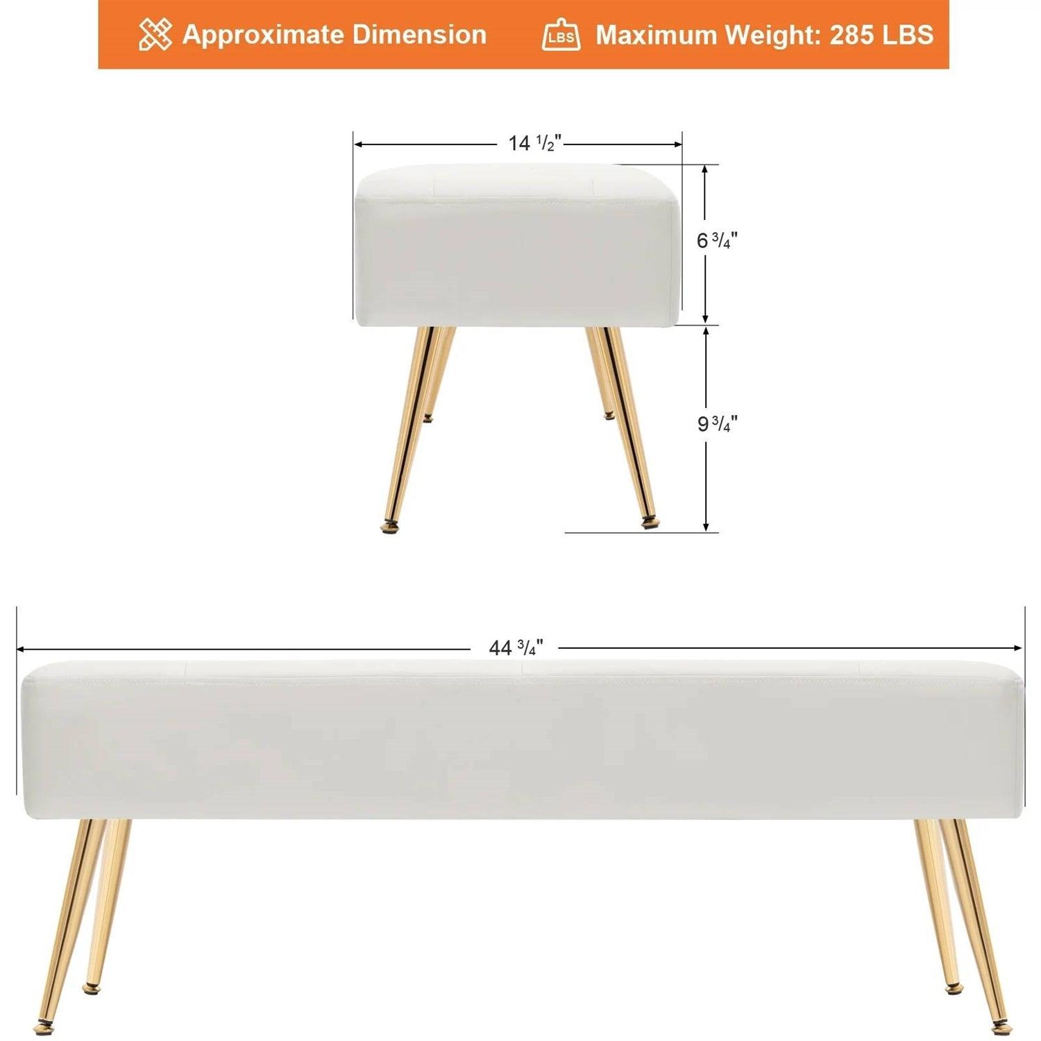 Modern Bed Bench Ottoman with White Ivory PU Leather Seat and Gold Metal Legs - PRHOMZ
