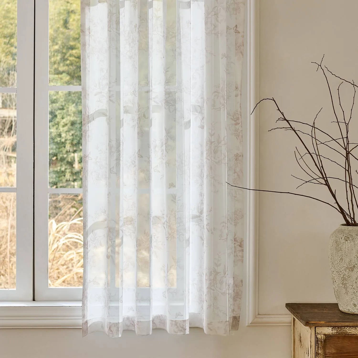Ivanna Farmhouse Floral Toile Print Sheer Curtains