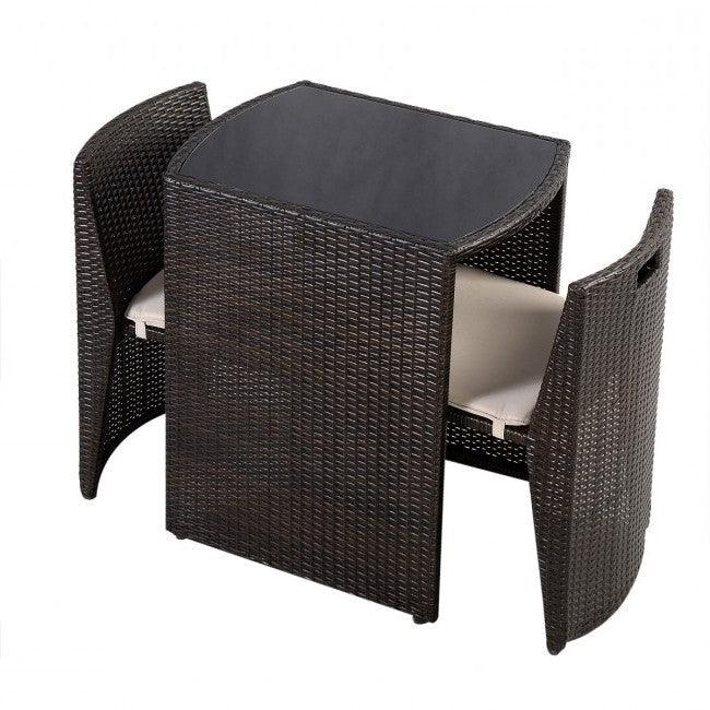 3 Piece Compact Espresso/White Wicker Patio Cushioned Outdoor Chair Table Set - PRHOMZ