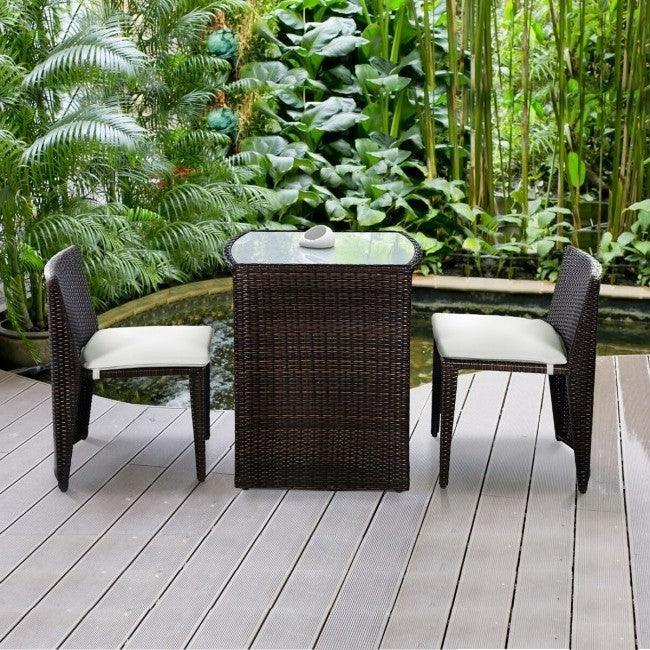 3 Piece Compact Espresso/White Wicker Patio Cushioned Outdoor Chair Table Set - PRHOMZ