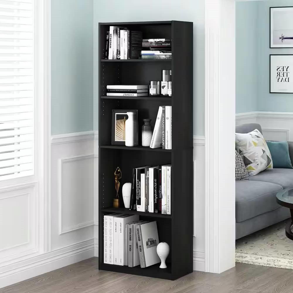 71-inch Tall 5-Shelf Bookcase in Black Wood Finish - PRHOMZ