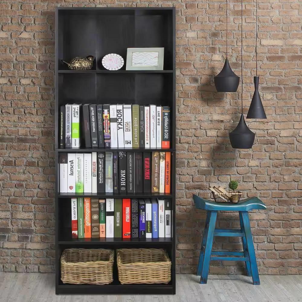 71-inch Tall 5-Shelf Bookcase in Black Wood Finish - PRHOMZ