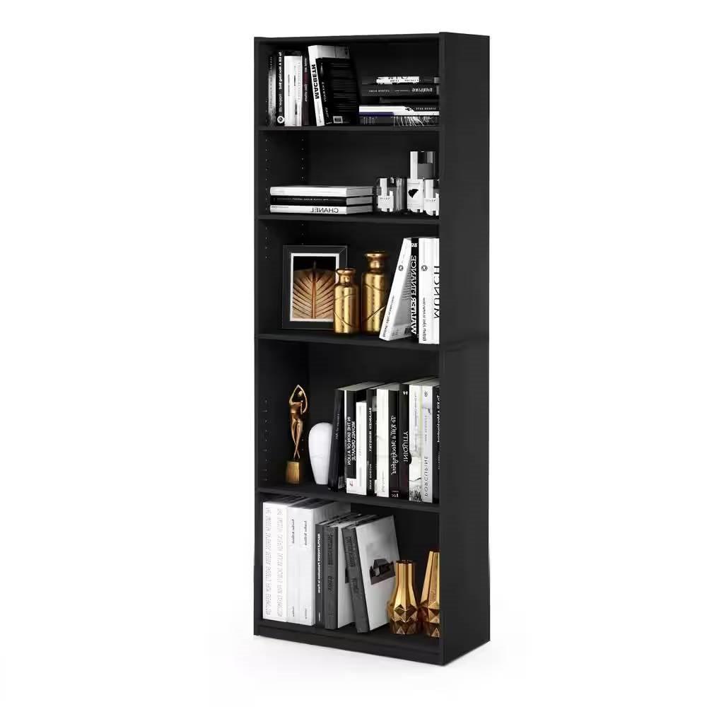 71-inch Tall 5-Shelf Bookcase in Black Wood Finish - PRHOMZ