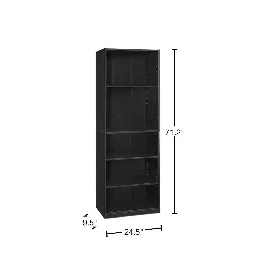 71-inch Tall 5-Shelf Bookcase in Black Wood Finish - PRHOMZ