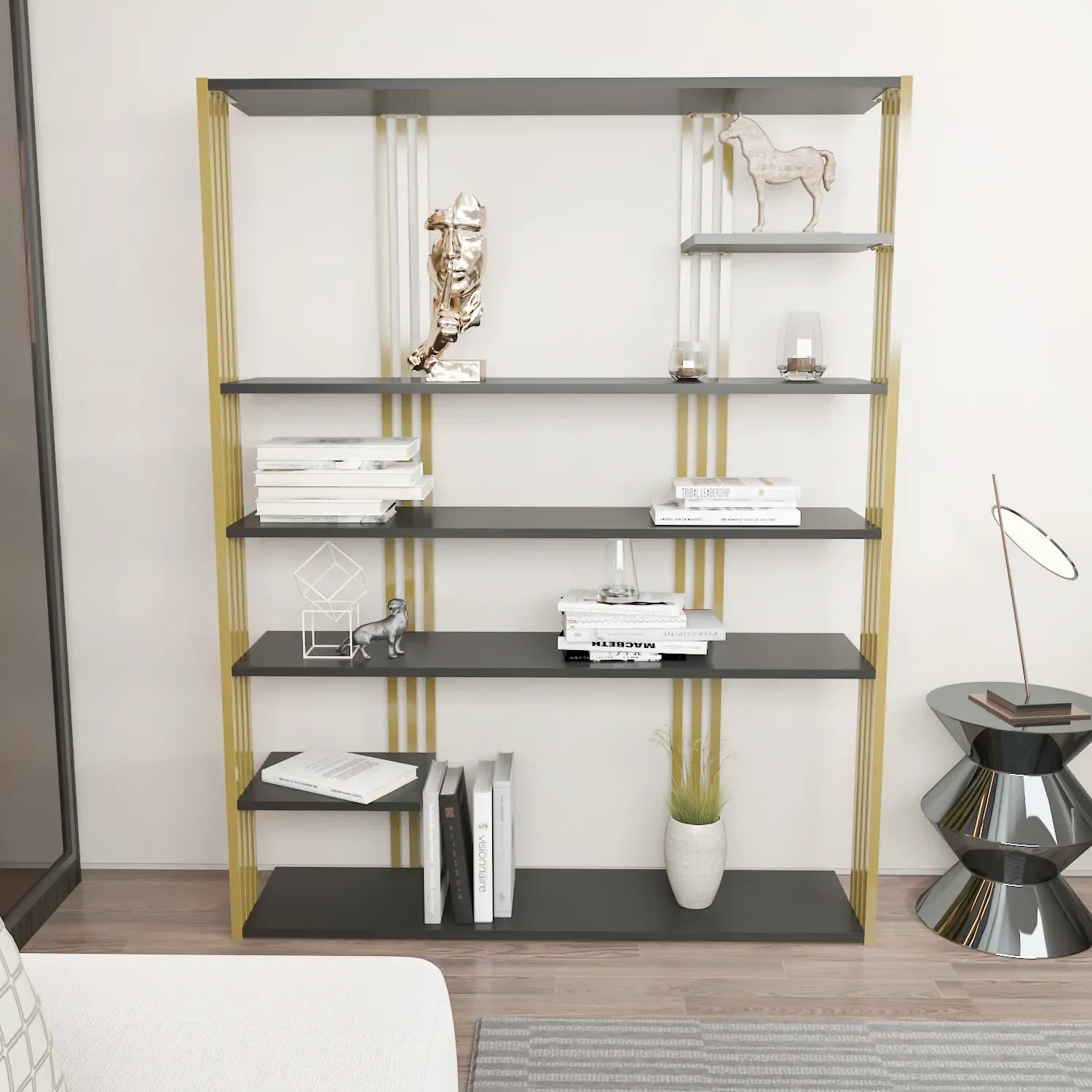 Jeni 63" Tall Metal Wood Bookcase | Bookshelf | Display Unit
