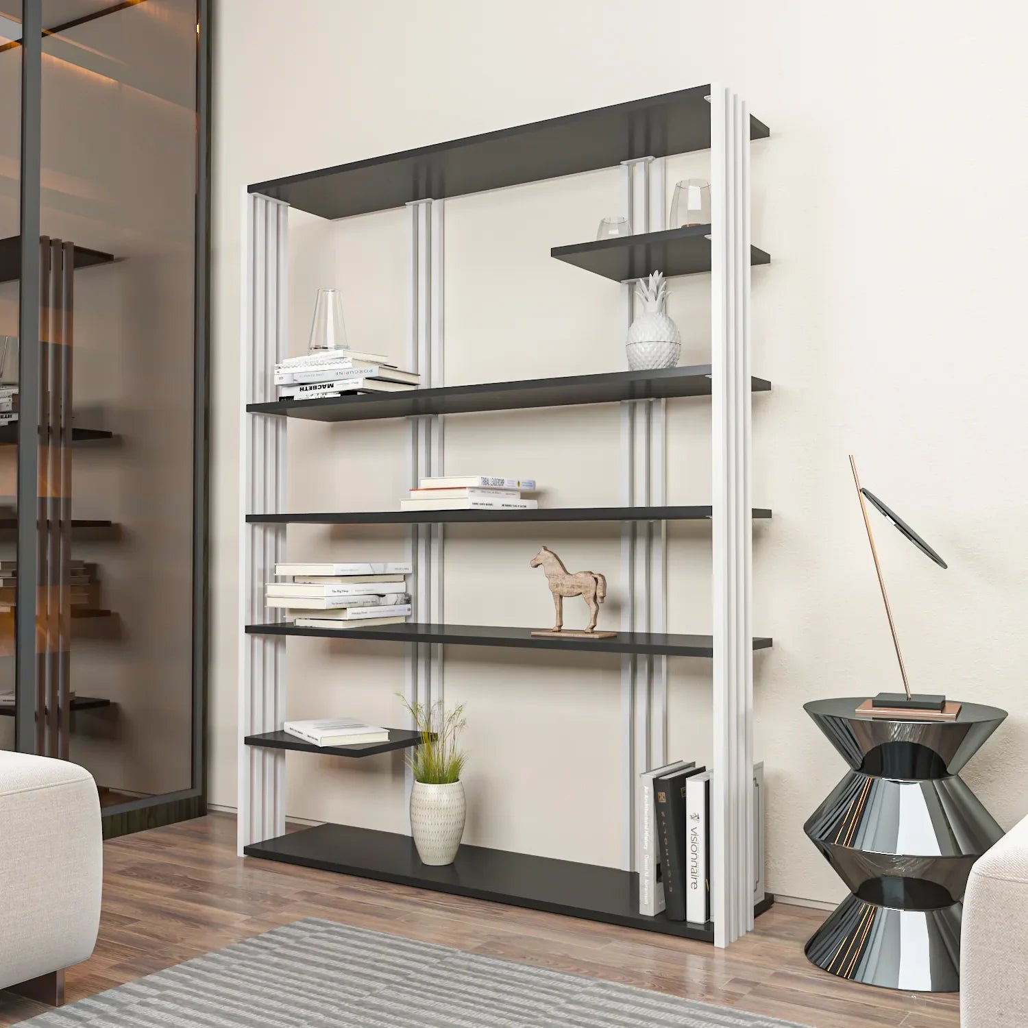 Jeni 63" Tall Metal Wood Bookcase | Bookshelf | Display Unit