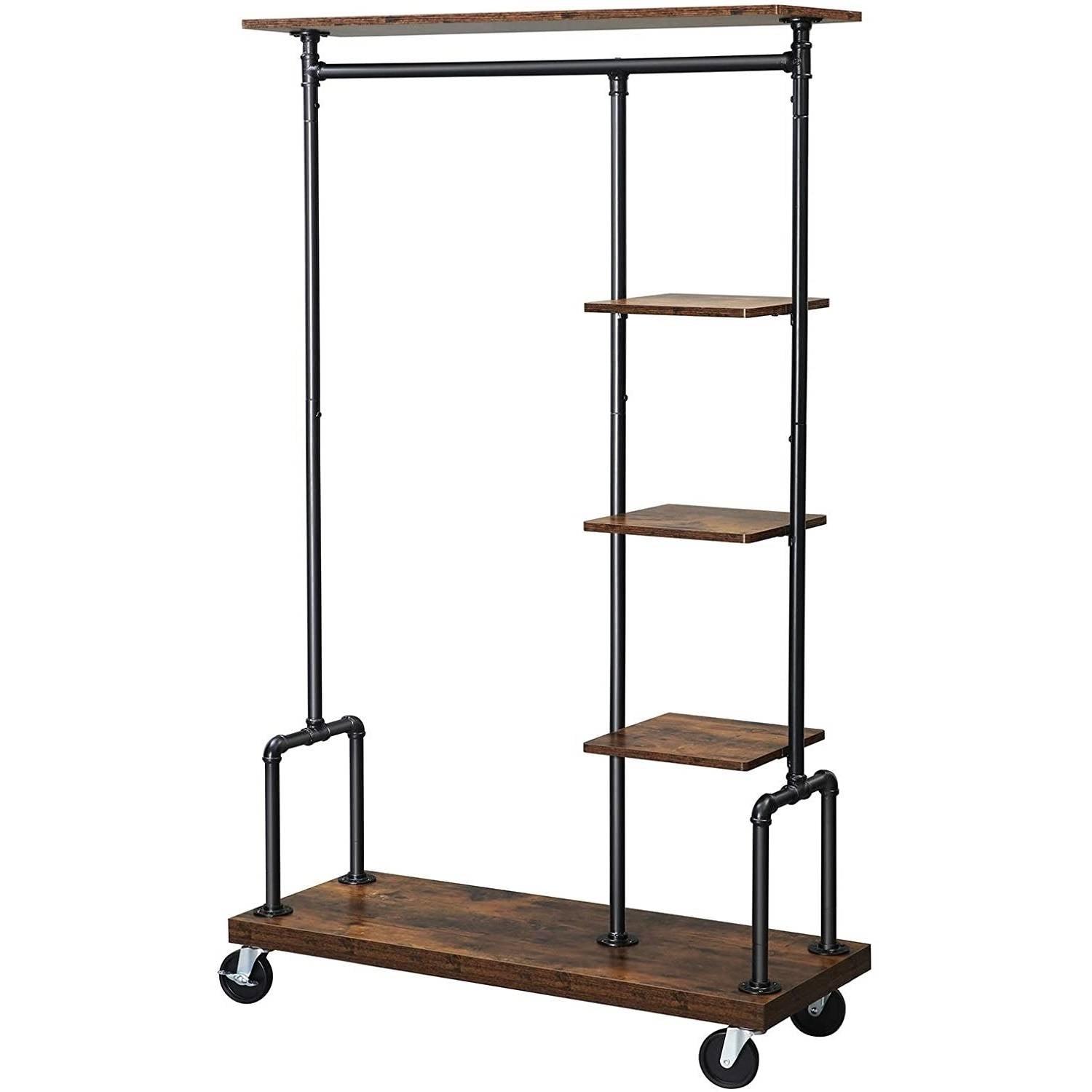 Farmhouse 5 Tier Laundry Pipe Garment Closet Rack Wheels - PRHOMZ