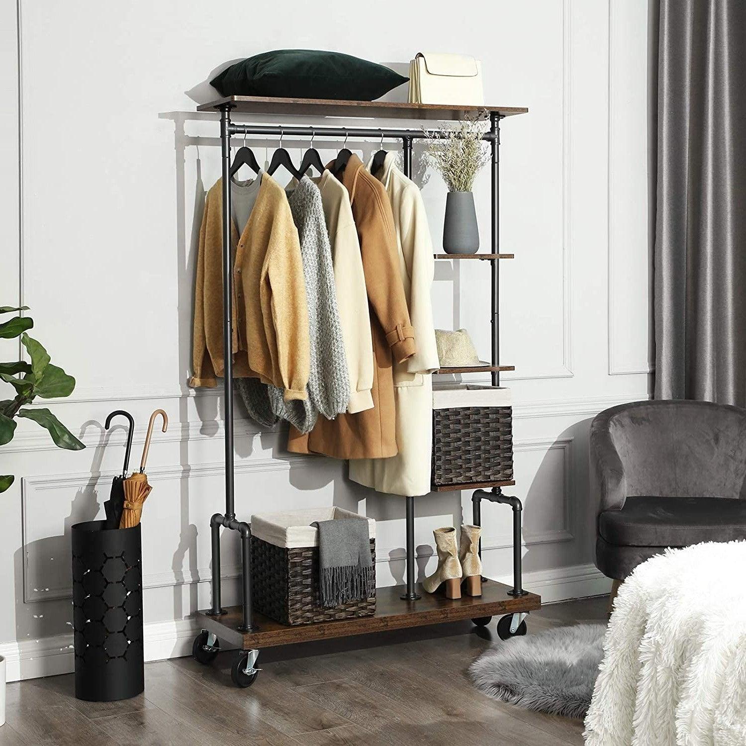 Farmhouse 5 Tier Laundry Pipe Garment Closet Rack Wheels - PRHOMZ