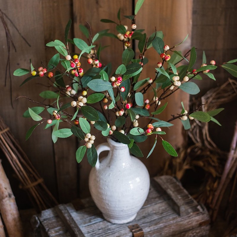 Artificial Fruit Snow Berry Leaf Stem 28" Tall Silk Plant