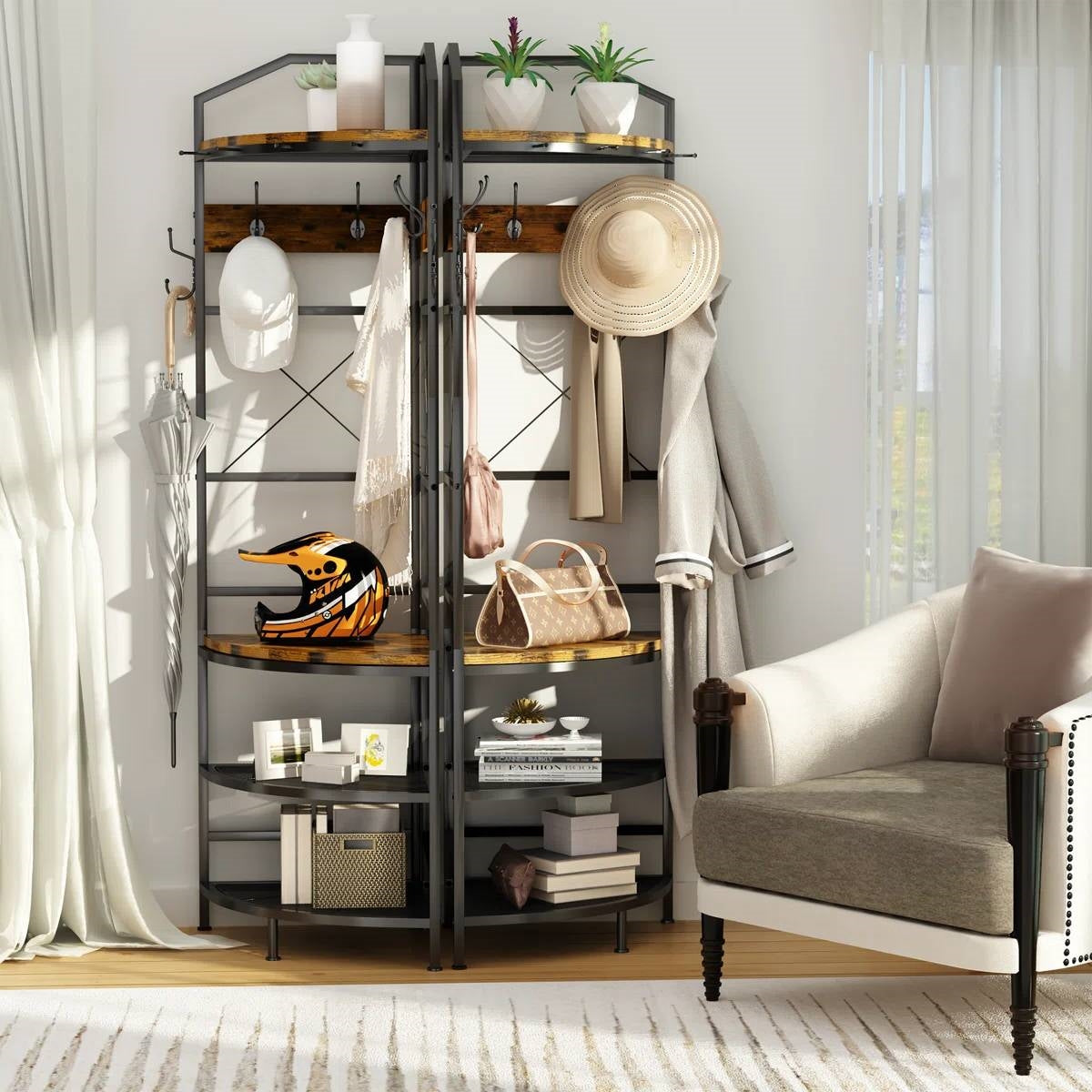 Industrial Metal/Wood Corner Hall Tree Shoe Storage Bench Coat Rack-1