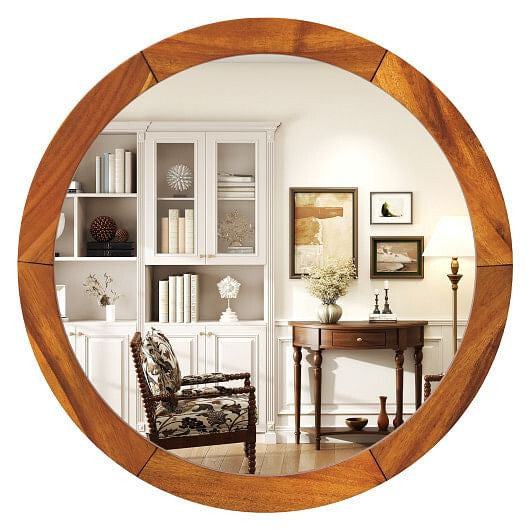 27 Inch Round Wall Mirror with Solid Acacia Wood Frame-Brown-4