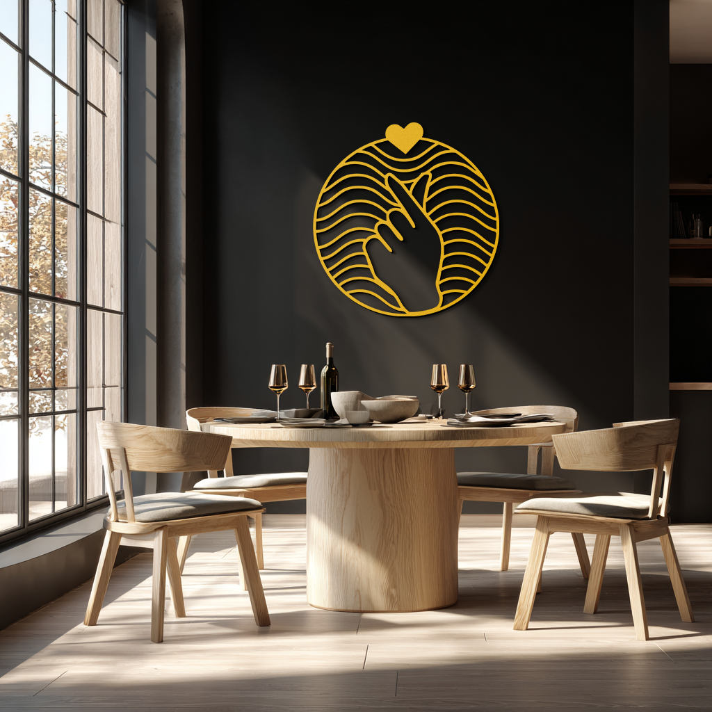 Heart Finger Love Sign Metal Wall Art - Round Minimalist Steel Decor - KAF056