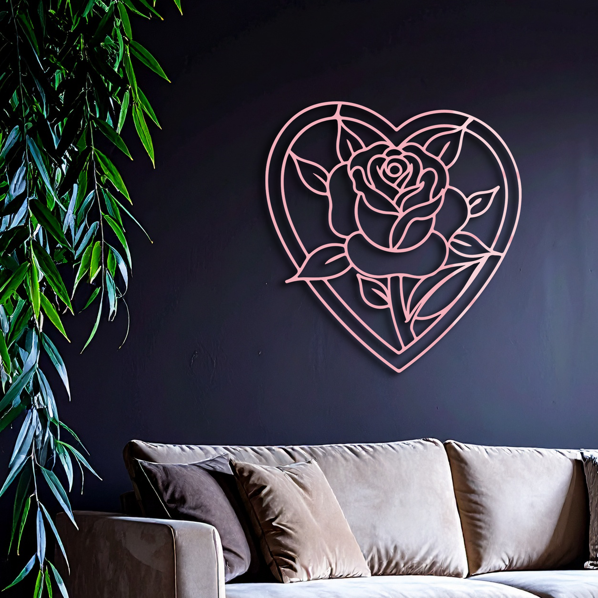 Heart Rose Silhouette Metal Wall Art β Romantic Flower Design - KAFGP034