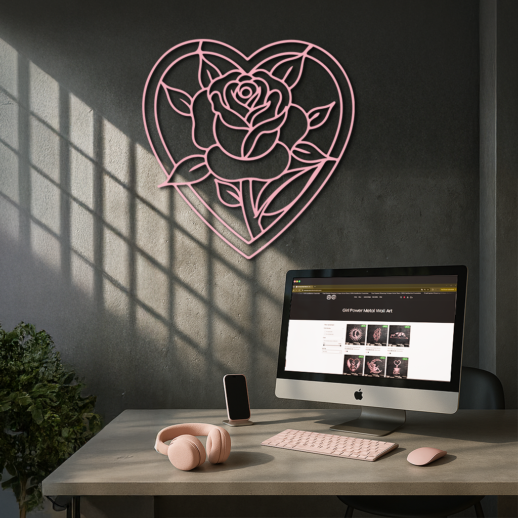 Heart Rose Silhouette Metal Wall Art β Romantic Flower Design - KAFGP034