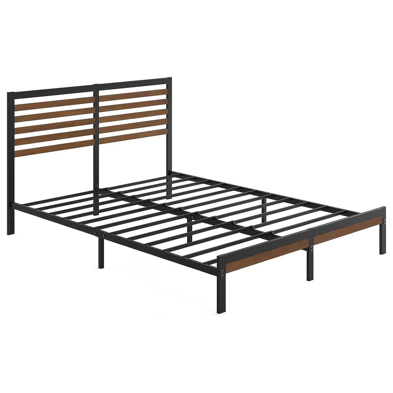 Queen Metal Platform Bed Frame with Bamboo Wood Slat Headboard and Footboard - PRHOMZ