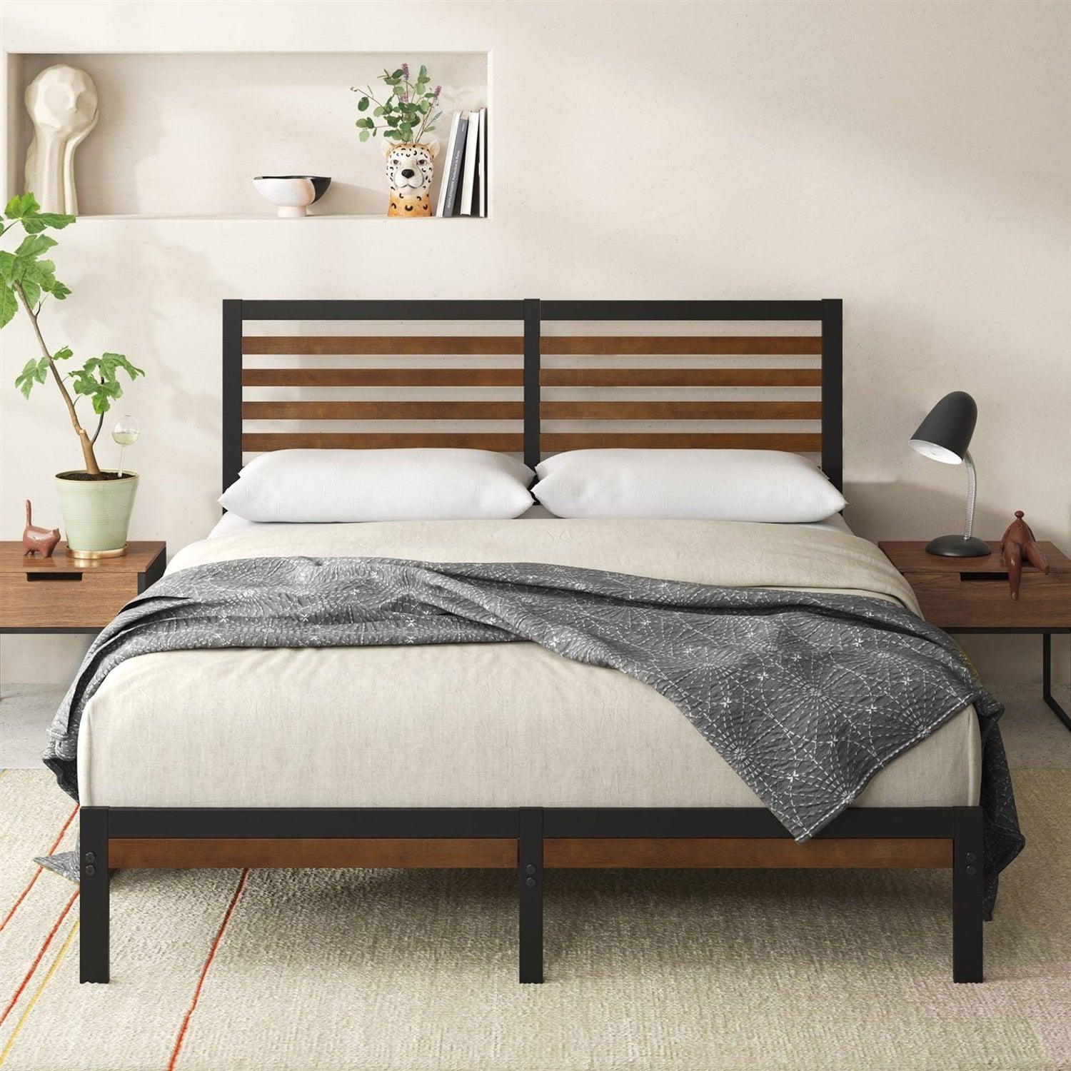 Queen Metal Platform Bed Frame with Bamboo Wood Slat Headboard and Footboard - PRHOMZ