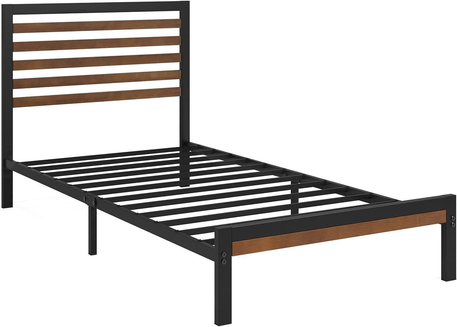 Twin Metal Platform Bed Frame with Bamboo Wood Slatted Headboard and Footboard - PRHOMZ