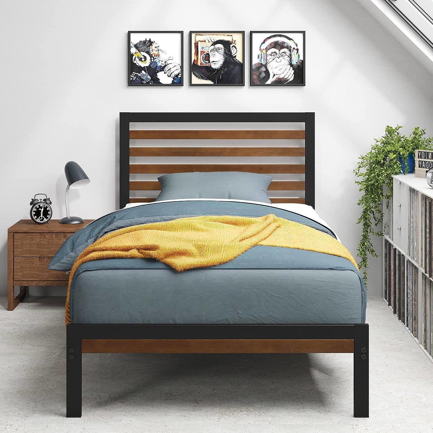Twin Metal Platform Bed Frame with Bamboo Wood Slatted Headboard and Footboard - PRHOMZ