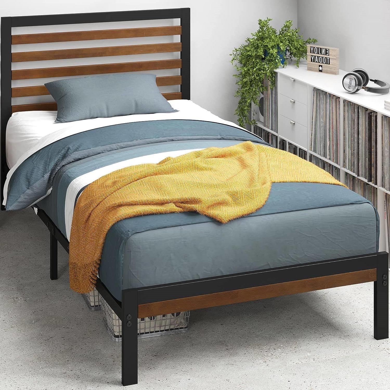 Twin Metal Platform Bed Frame with Bamboo Wood Slatted Headboard and Footboard - PRHOMZ