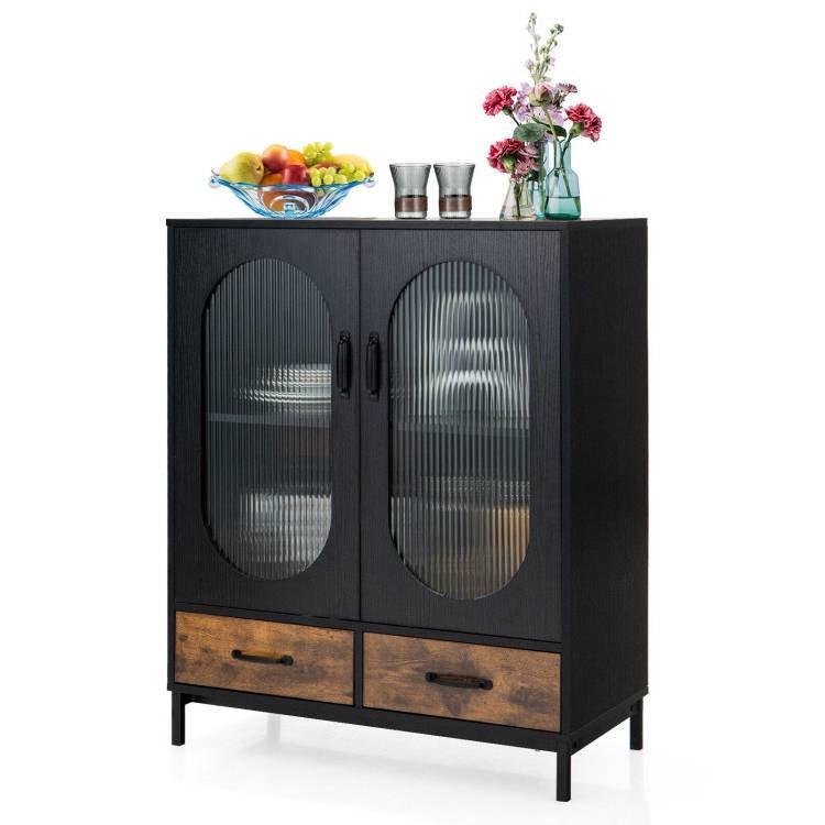 Modern Black Brown Metal Wood Sideboard Dining Buffet Cabinet with Glass Doors - PRHOMZ
