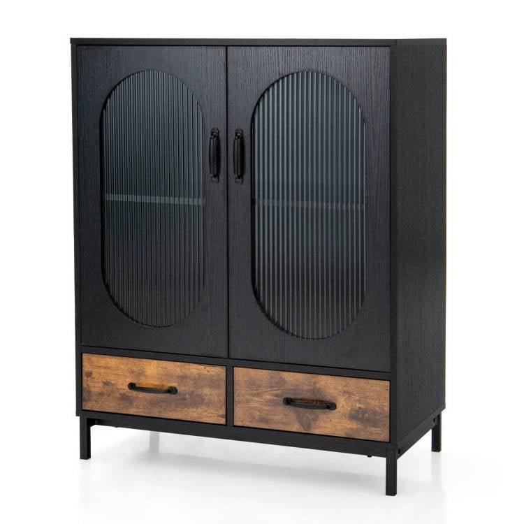 Modern Black Brown Metal Wood Sideboard Dining Buffet Cabinet with Glass Doors - PRHOMZ