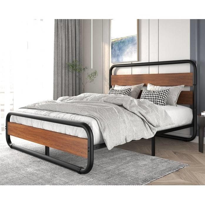 King size Heavy Duty Industrial Modern Metal Wood Platform Bed Frame with Headboard - PRHOMZ