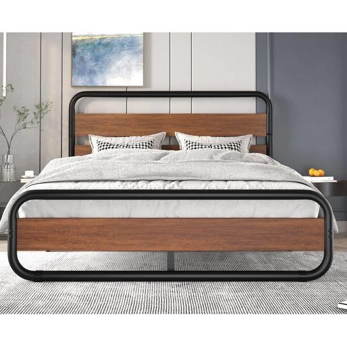 King size Heavy Duty Industrial Modern Metal Wood Platform Bed Frame with Headboard - PRHOMZ