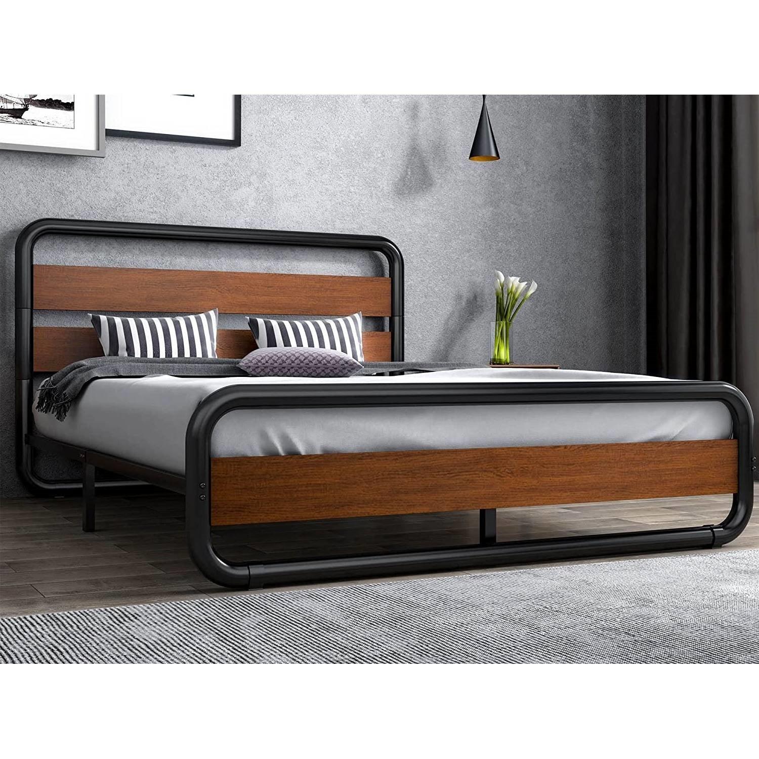 King size Heavy Duty Industrial Modern Metal Wood Platform Bed Frame with Headboard - PRHOMZ