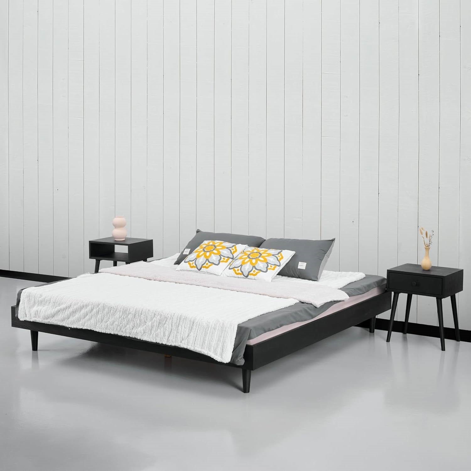 King size Mid-Century Modern Platform Bed Frame in Black Wood Finish-1
