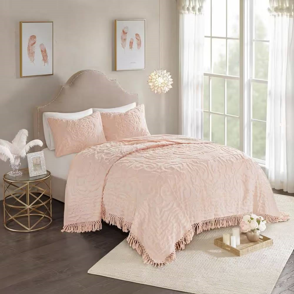King 100-Percent Cotton Chenille Bedspread with Fringe Hem in Pink Blush-2