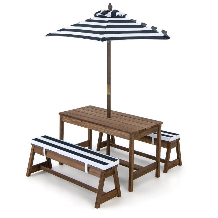 Kids Outdoor Wooden Picnic Table Bench Chairs Cushions Umbrella Set Navy/White-1