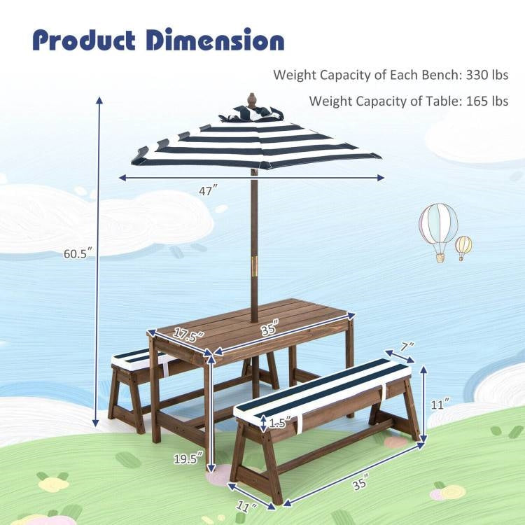 Kids Outdoor Wooden Picnic Table Bench Chairs Cushions Umbrella Set Navy/White-4