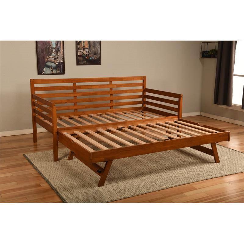 Solid Wood Day Bed Frame with Pull-out Pop Up Trundle Bed in Medium Brown - PRHOMZ