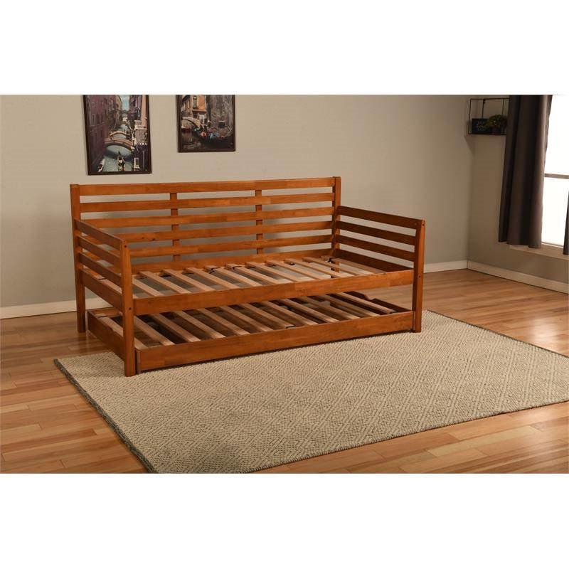 Solid Wood Day Bed Frame with Pull-out Pop Up Trundle Bed in Medium Brown - PRHOMZ