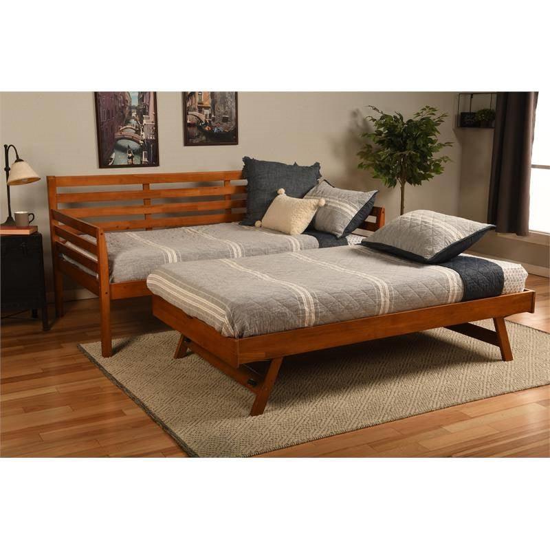 Solid Wood Day Bed Frame with Pull-out Pop Up Trundle Bed in Medium Brown - PRHOMZ