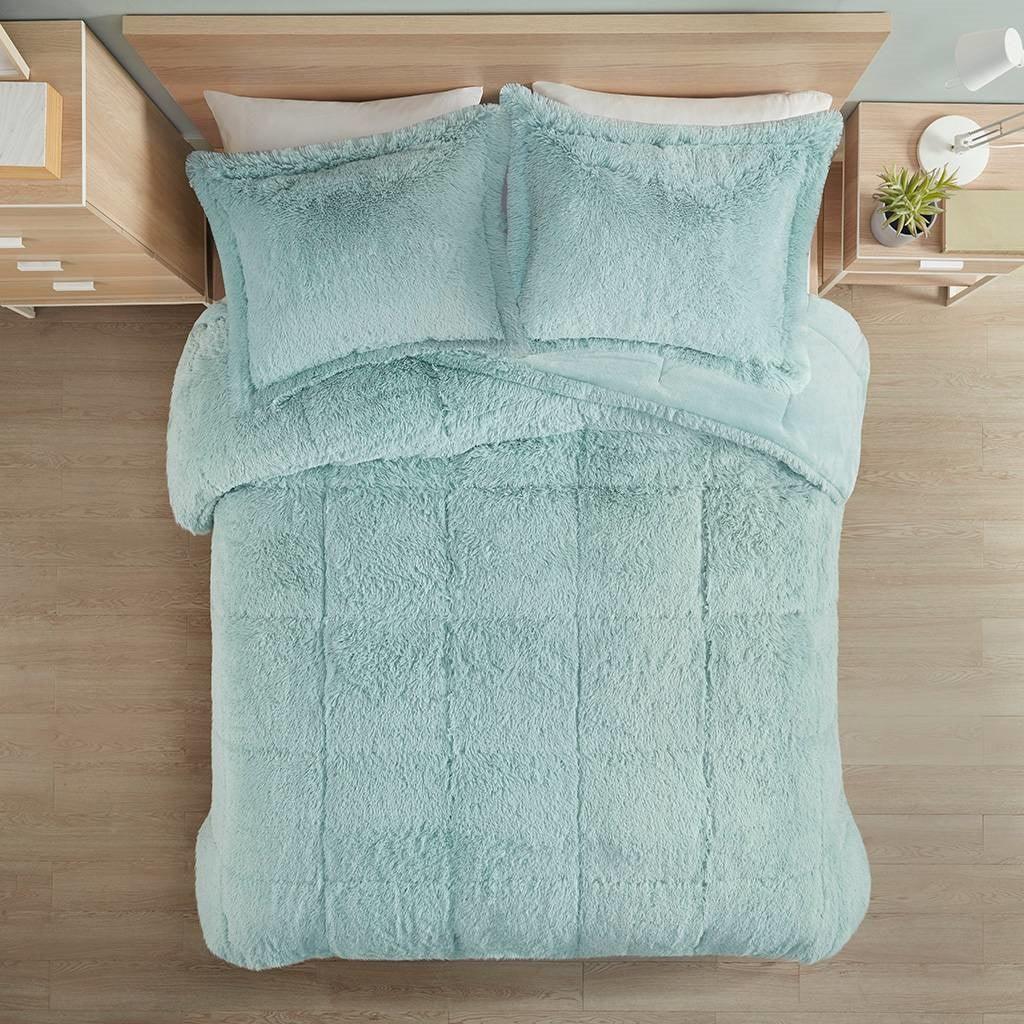 King/CAL King Soft Sherpa Faux Fur 3-Piece Comforter Set in Light Teal Blue - PRHOMZ