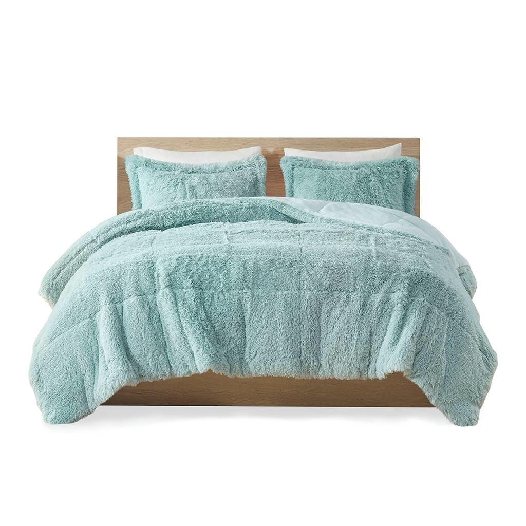King/CAL King Soft Sherpa Faux Fur 3-Piece Comforter Set in Light Teal Blue - PRHOMZ