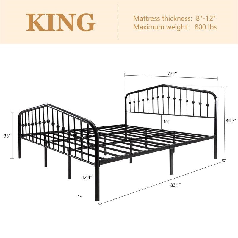 King Farmhouse Spindle Black Metal Platform Bed Frame with Headboard Footboard-4
