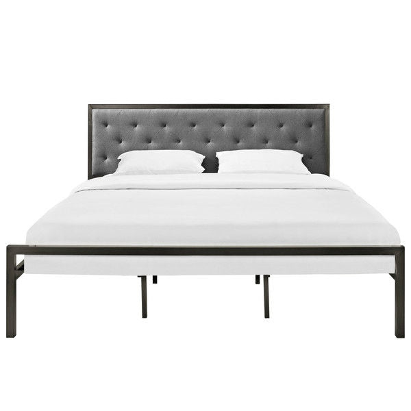 King size Modern Metal Platform Bed with Gray Button Tufted Headboard-1