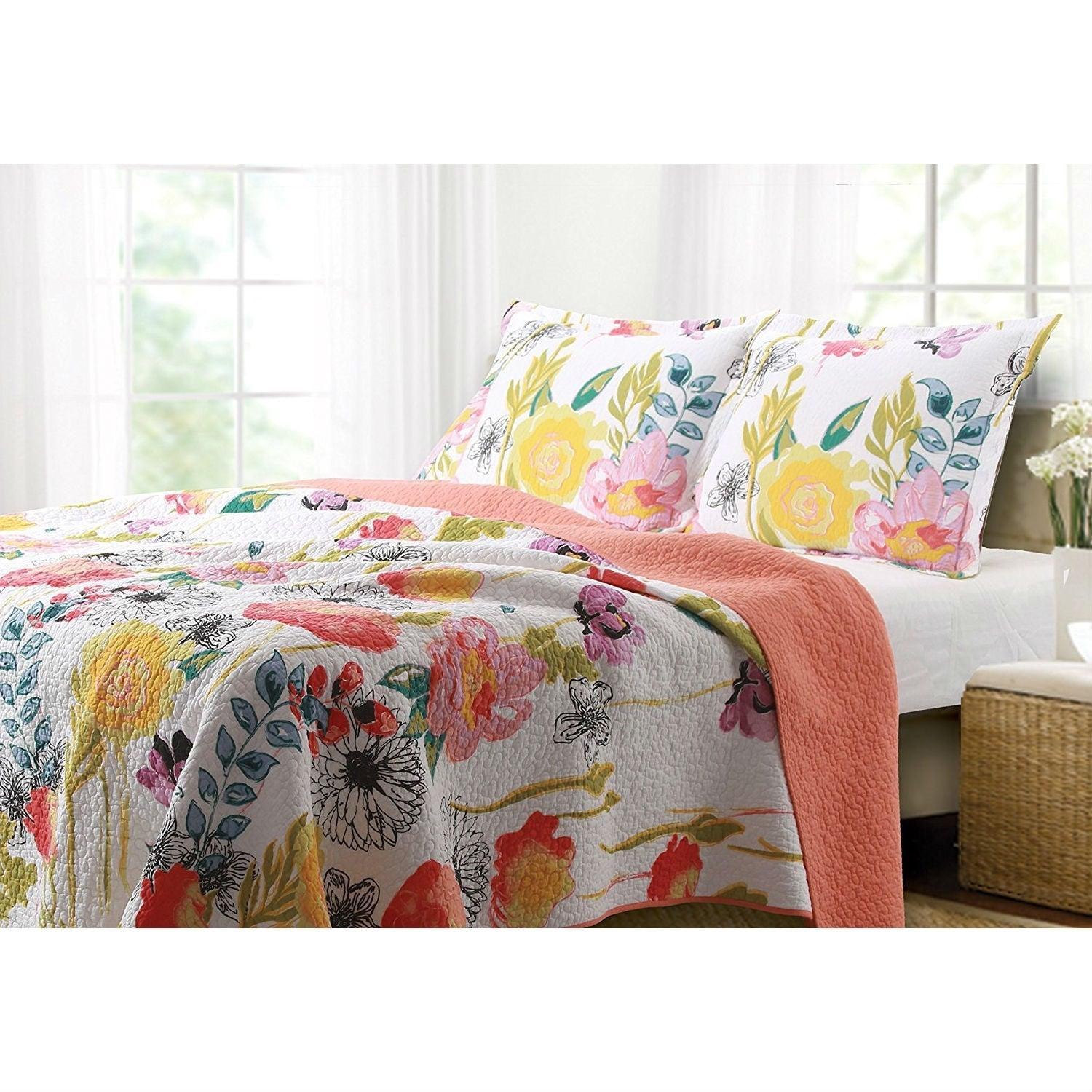 King size 3-Piece Cotton Quilt Set with Multi-Color Floral Pattern - PRHOMZ