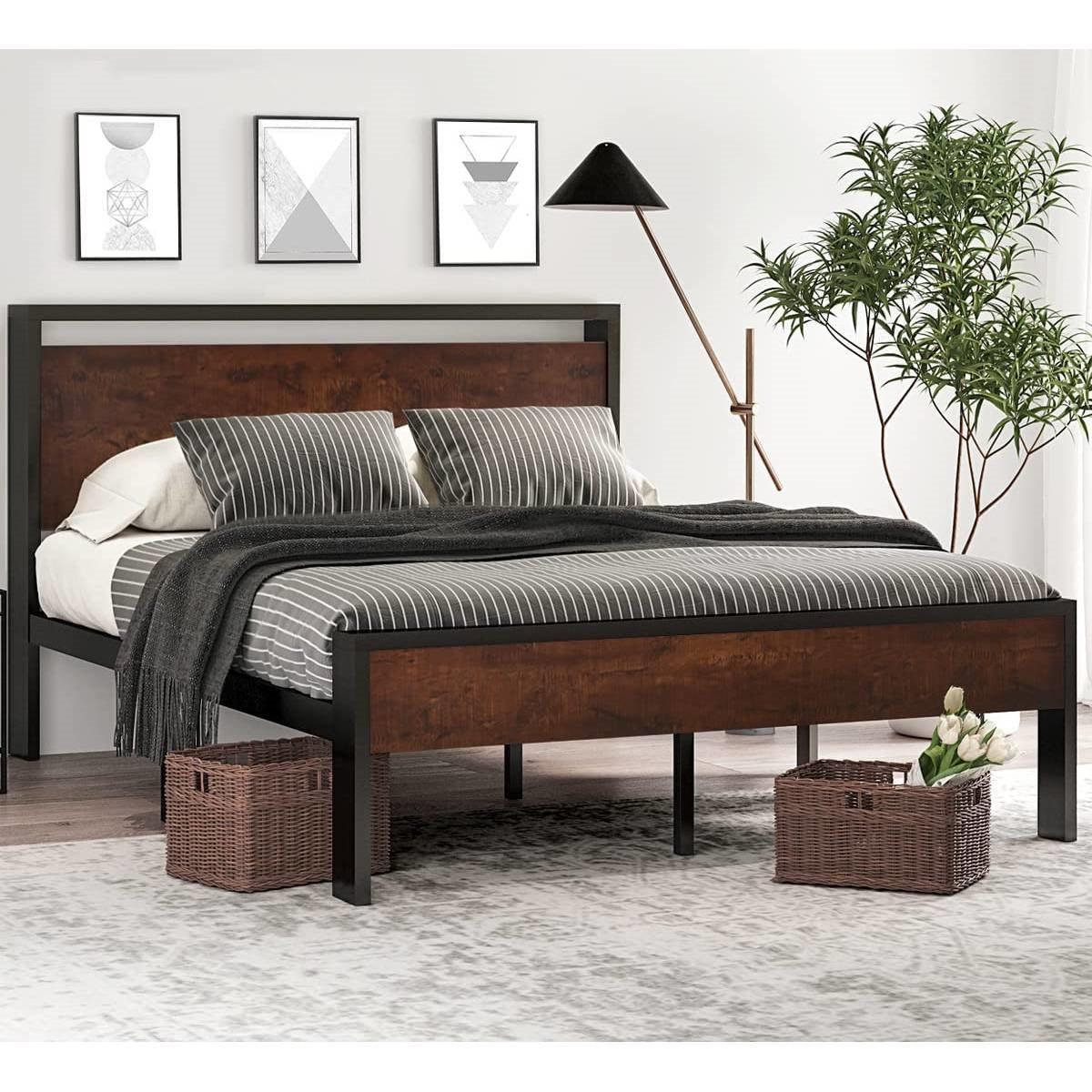 King Metal Platform Bed Frame with Mahogany Wood Panel Headboard Footboard - PRHOMZ